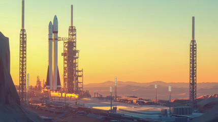 Rocket preparing for launch on a modern space launch pad at sunset, symbolizing space exploration, technology, and innovation