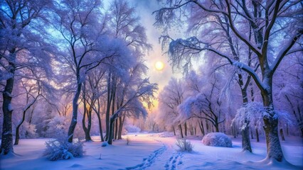 Naklejka premium enchanting snowy forest glade illuminated by soft moonlight and featuring delicate frost drawing on tree branches in hues of lavender and powder blue