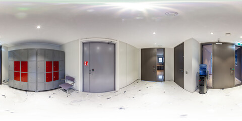 Network servers in a data center. Tier III carrier neutral data center. Lockers. 360 degrees panorama	
