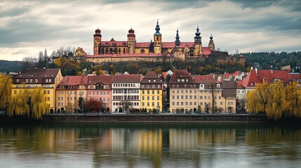 A picturesque view of a historic European town situated along a calm river. In the foreground, colorful buildings with red rooftops are lined up along the riverbank, reflecting gracefully in the water