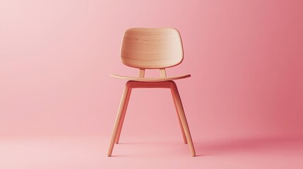 A wooden chair is sitting in front of a pink wall