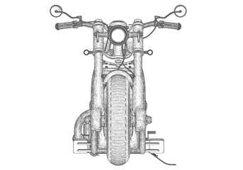 Black motorcycle on a white background. Unique design.  
Pencil drawing.