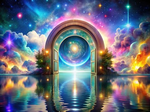 synthetic reality parallel universes shimmering iridescent portal gateways
