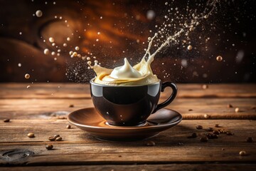 a photo image of a rich, dark espresso cup overflowing with creamy foam, splashing onto a rustic wooden table