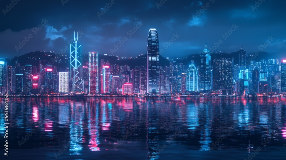 Aufkleber smart network and connection technology concept, hong kong digital city background at night in victo