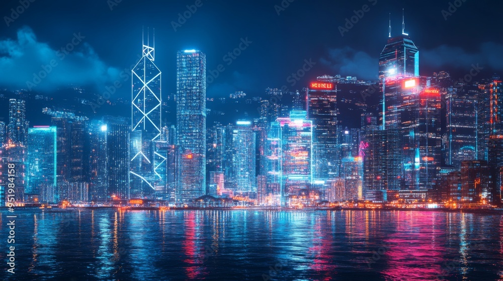 Poster smart network and connection technology concept, hong kong digital city background at night in victo