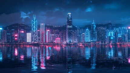 Fototapeta premium Smart network and Connection technology concept, Hong Kong digital city background at night in victoria harbour, Cyberpunk color style, Panorama view
