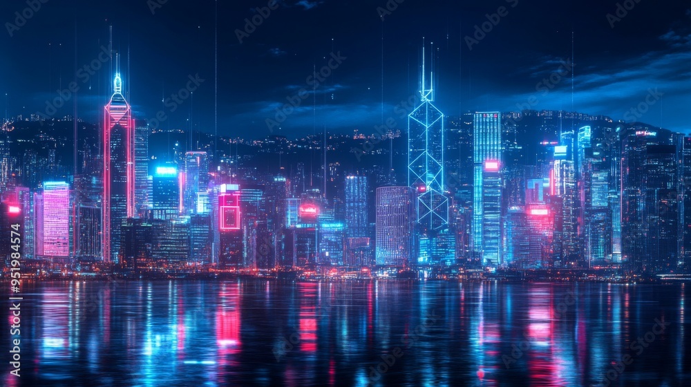Poster smart network and connection technology concept, hong kong digital city background at night in victo