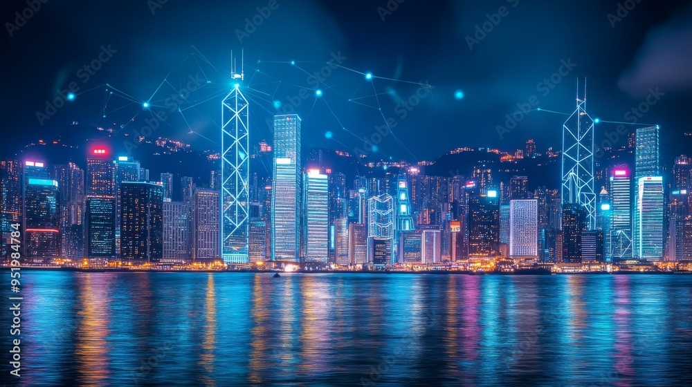 Poster smart network and connection technology concept, hong kong digital city background at night in victo