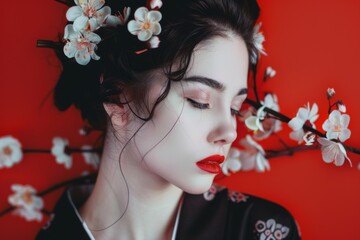 Fototapeta premium A serene portrait of a woman with delicate cherry blossoms embedded in her dark hair, contrasting against a vibrant red background.