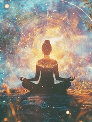 Silhouette of a woman meditating in lotus pose against a vibrant cosmic background of stars and galaxies symbolizing spiritual growth new beautiful stock image illustration AI