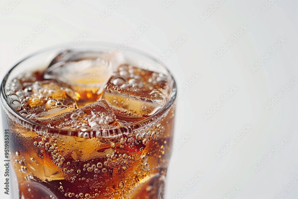 Sticker closeup of a glass of cola with ice cubes