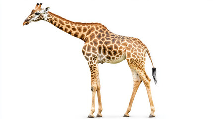 Naklejka premium Side view of an isolated African giraffe against a white background. 