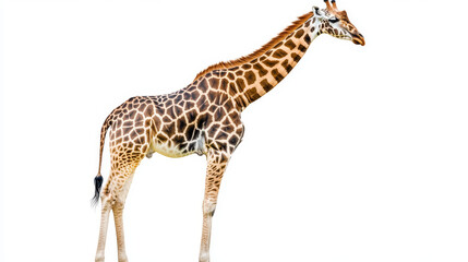 Fototapeta premium Side view of an isolated African giraffe against a white background. 