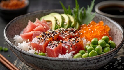 Hawaiian cuisine dish: Poke bowl with salmon, avocado slices, edamame, seaweed salad and a sprinkle of sesame seeds, beautifully laid out on top of rice.