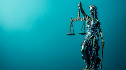vStatue of Lady Justice symbolizing law and justice against a blue background.
