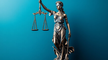 vStatue of Lady Justice symbolizing law and justice against a blue background.