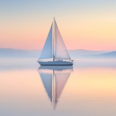 Serene Sailboat Reflected on a Misty Morning Lake