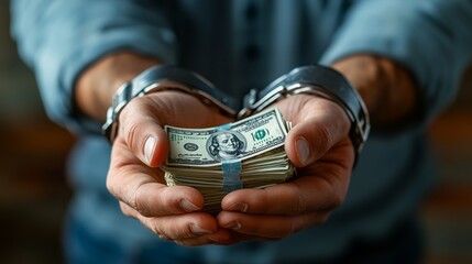 A man in handcuffs presents a wad of cash while being questioned by authorities
