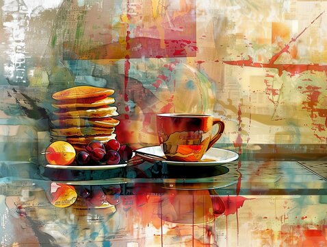 Abstract painting of a breakfast scene with pancakes, fruit, and coffee.