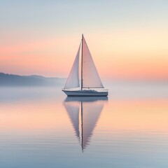 Serene Sailboat Reflected on a Misty Morning Lake
