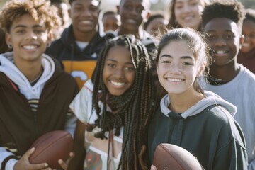 Diverse group of teenagers smiling brightly while holding footballs, enjoying a sunny day outside, exuding team spirit and youthful energy.