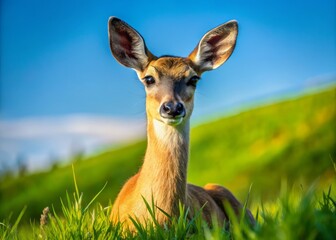 A photo image of a doe antelope with a gentle expression photographed from a low angle in a green hillside field on a sunny day.