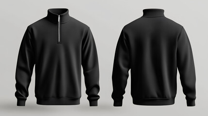 Blank black quarter zip sweater mockup, front and back view 