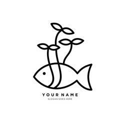 simple line logo of fish with plant seeds.unique abstract logo combination.vector illustration