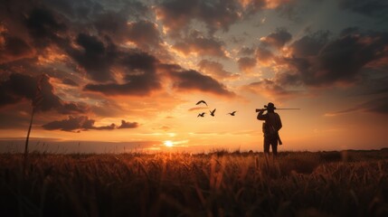A hunter silhouetted against a vibrant sunset, with ducks in flight, illustrating the harmony of hunting and wildlife in a panoramic landscape.
