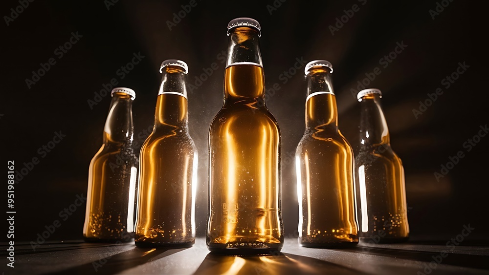 Wall mural low angle view of glass bottles with beer on dark background with back light