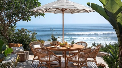A peaceful coastal patio with wicker furniture, a round wooden table set for a seaside mea
