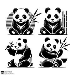 set of panda graphic design black and white vector clip art silhouette