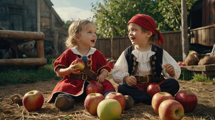 Fototapeta premium A pair of siblings, one in a pirate costume and the other in a superhero costume, taking turns bobbing for apples, with a parent cheering them on from the side.