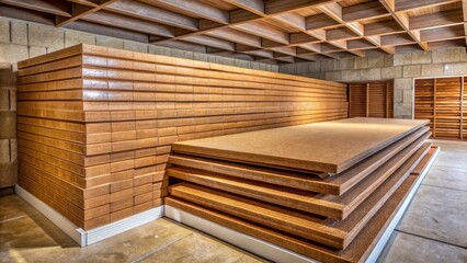 A photo image of brown insulation boards stacked neatly on top of each other in a utility crawl space