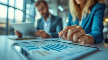 Strategic Insights: Businesswoman analyzes data on a tablet, her focus sharp as she strategizes with a colleague in a modern office setting. 