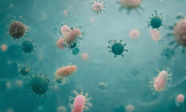 bacteria colonies, with various microbes interacting and exchanging genetic material in a dynamic, living ecosystem.