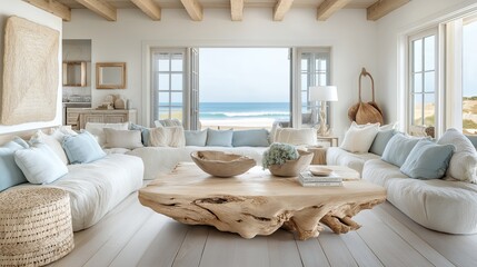A serene coastal living room with whitewashed wooden floors