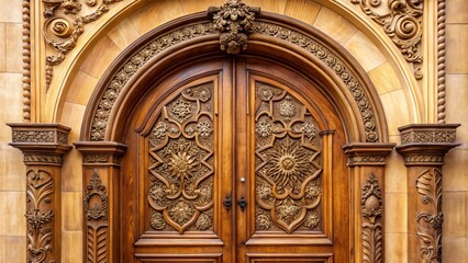 Photo image of ornate curved moulding surrounding a large wooden door with intricate carvings and subtle gold embellishments against a warm beige background