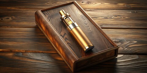luxury premium e-cig box mock-up with leather texture wooden grain background subtle golden lights sophisticated elegant high-end design concept