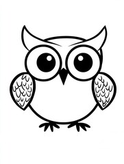 Fototapeta premium A whimsical cartoon owl with large expressive eyes perched cheerfully against a plain background, capturing the essence of creativity and playfulness. Simple owl coloring page for kids.
