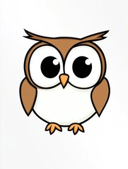 Fototapeta premium Simple owl coloring page for kids. A whimsical cartoon owl with big eyes perched innocently against a simple white backdrop, showcasing its playful and cute demeanor 