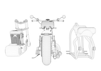 Disassembled motorcycle on a white background. Unique design.