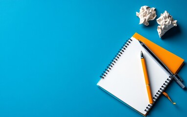 Creative writing, pen and notebook with ideas, flat design illustration