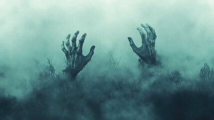 Fototapeta premium Halloween party invite with zombie hands breaking through the ground and foggy background.