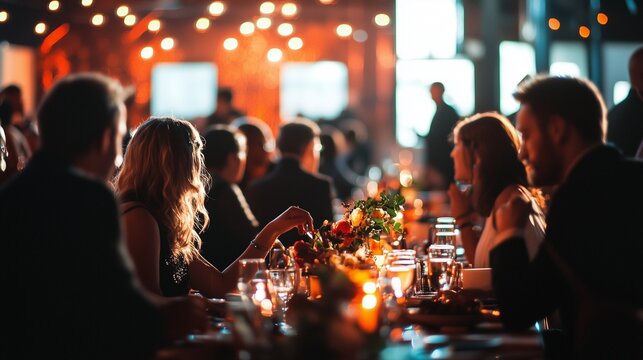 Elegant charity event with guests dining under warm string lights, fostering community and support.