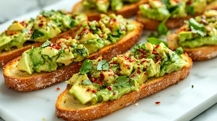 Avocado bruschetta with a sprinkle of red pepper flakes, served on a marble platter