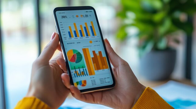Mobile Analytics: A close-up shot of hands holding a smartphone displaying a data dashboard with charts and graphs, showcasing modern business analysis and data-driven decision making.