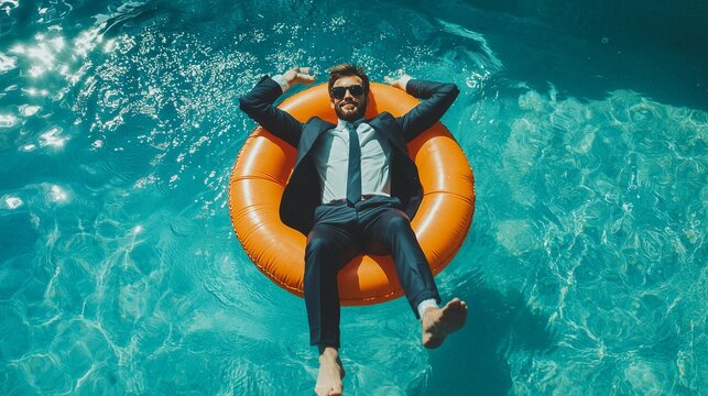 A man in a suit relaxing on an orange float in a pool, symbolizing the importance of taking breaks to prevent burnout.