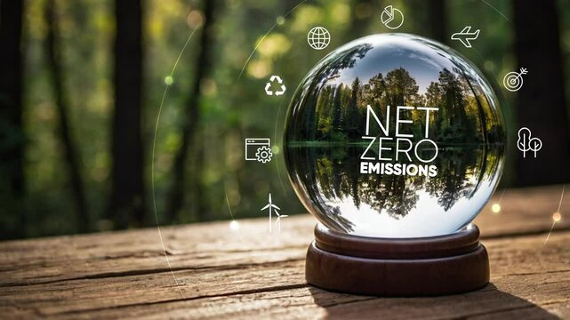 Globe Glass with Net zero icons In Green Forest.Circular economy concept for future business growth and environmental sustainability and reduce pollution for future business and environmental growth..